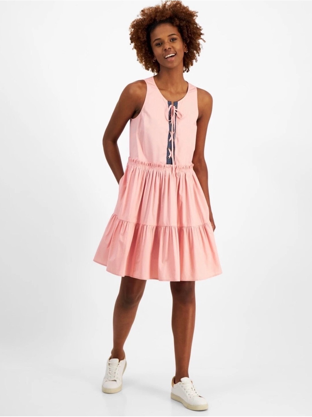 Nautica Pink Sleeveless Tiered Dress with Navy Lace-Up Front